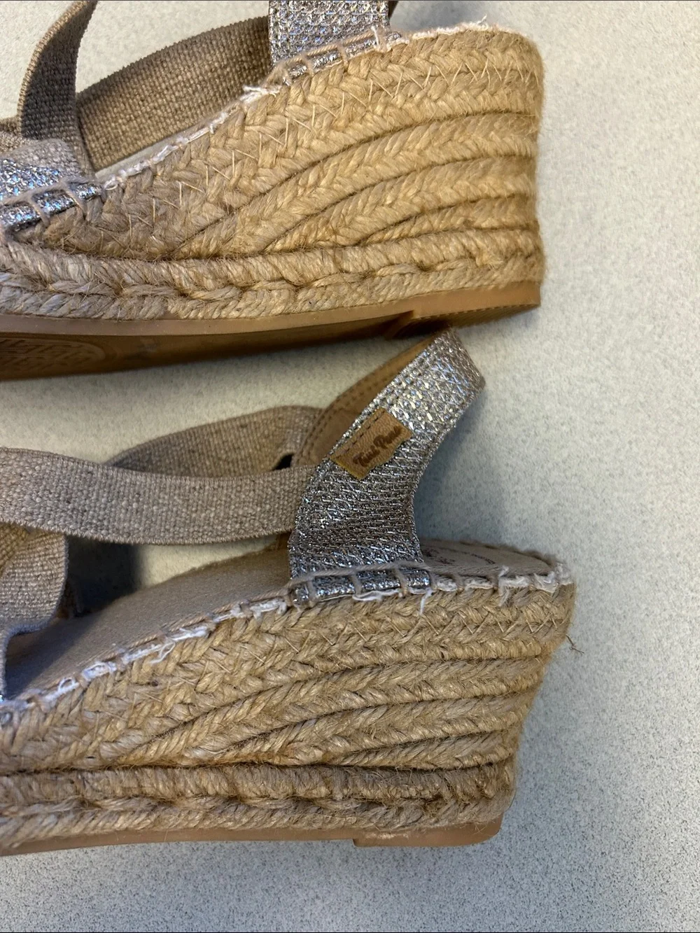 Toni Pons Woven Espadrille Wedge Slingback in Silver and Tan Size 39
